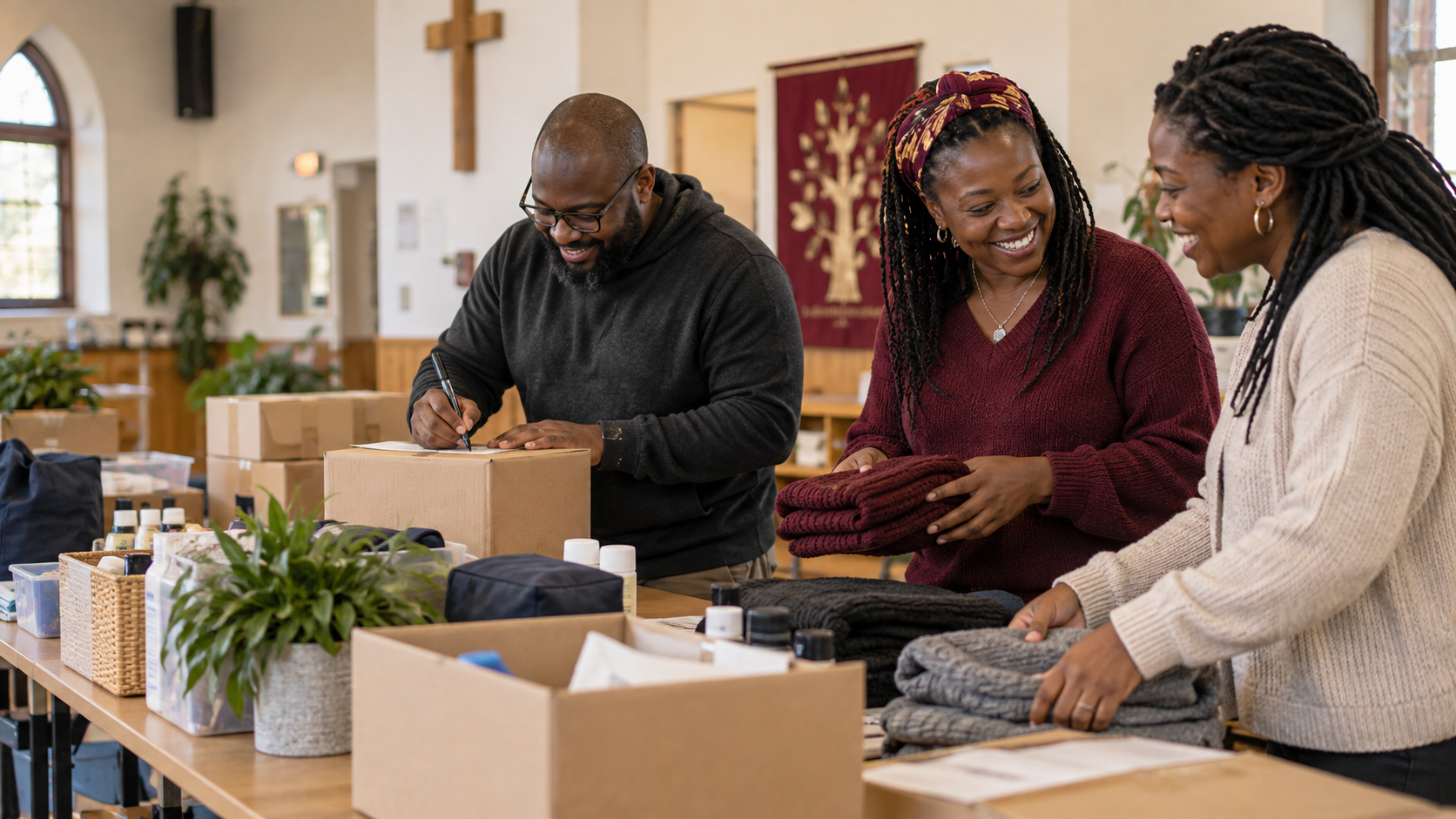 Illustrative Black British volunteers preparing practical support